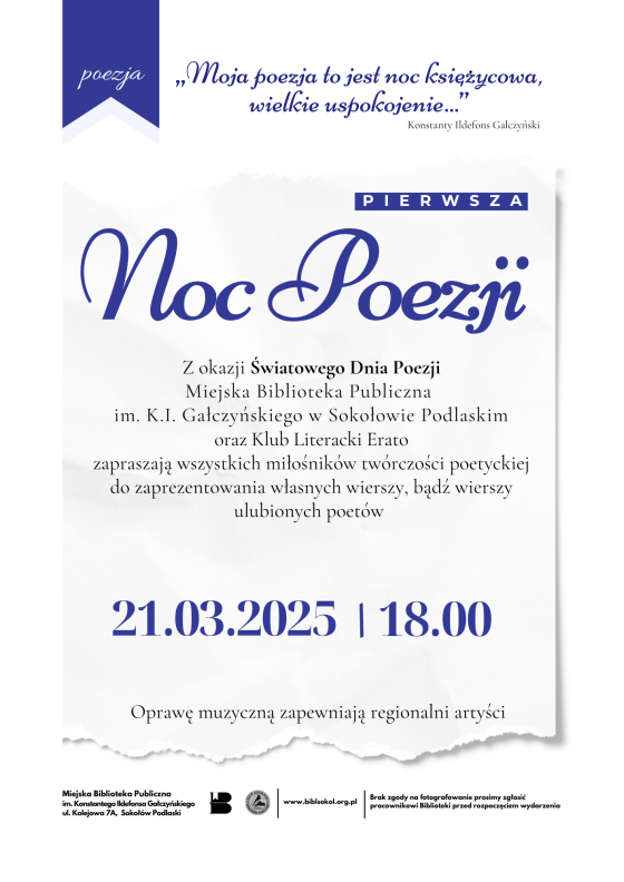 Plakat zapraszający na pierwszą noc poezji w Bibliotece. Plakat utrzymany w kolorach białym i granatowym. Treść plakatu identyczna jak treść artykułu.