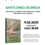 Plakat z informacjami o spotkaniu autorskim. Informacje z plakatu znajdują się w tekście artykułu. Na plakacie umieszczona jest okładka książki z rysunkiem starego, dużego dębu w koronie którego widać trzy twarze/głowy.