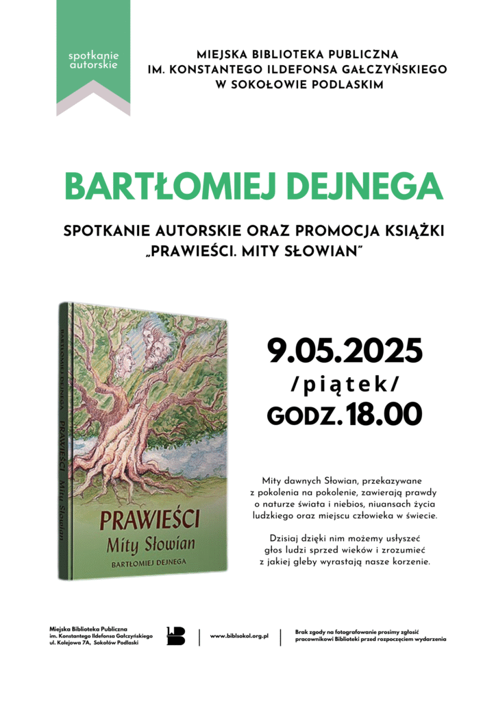 Plakat z informacjami o spotkaniu autorskim. Informacje z plakatu znajdują się w tekście artykułu. Na plakacie umieszczona jest okładka książki z rysunkiem starego, dużego dębu w koronie którego widać trzy twarze/głowy.