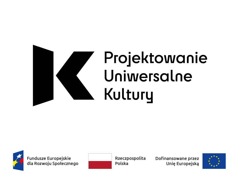 Logo Duża czarna litera K a na prawo od niej w trzech linijkach zapisane hasło Projektowanie Uniwersalne Kultury