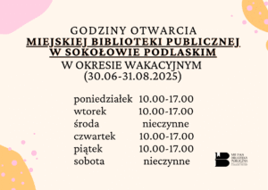 Plakat z informacjami o godzinach otwarcia biblioteki w czasie wakacji od 30 czerwca do 31 sierpnia 2025. Biblioteka czynna w poniedziałki, wtorki, czwartki i piątki od godziny 10:00 do godziny 17:00. W środy i soboty biblioteka nieczynna.