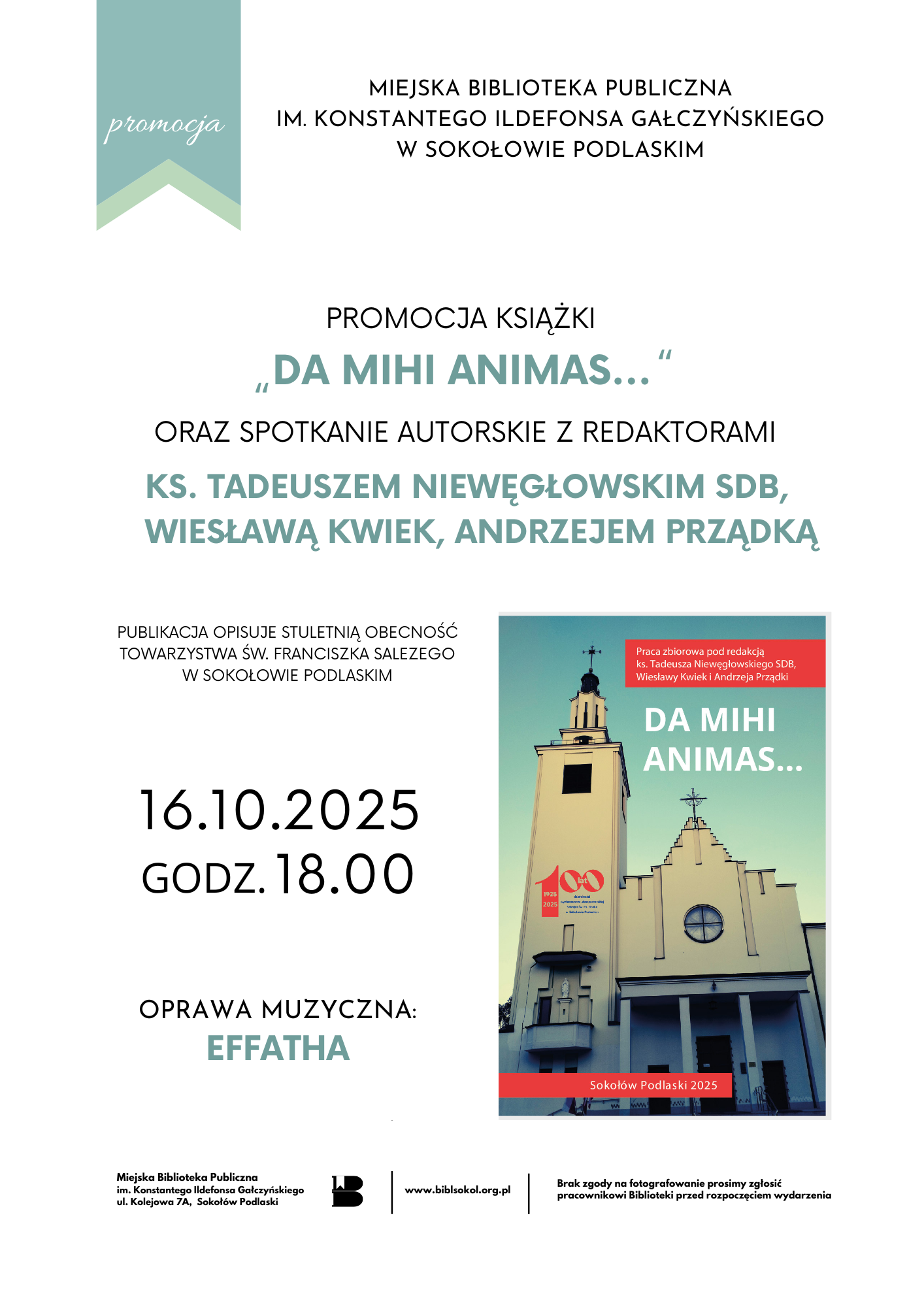 Plakat zapraszający na spotkanie w bibliotece 16.10.2025 o godz. 18:00. Treść plakatu znajduje się w treści artykułu. Na plakacie dodatkowo umieszczona jest okładka książki na której umieszczono widok kościoła salezjańskiego.
