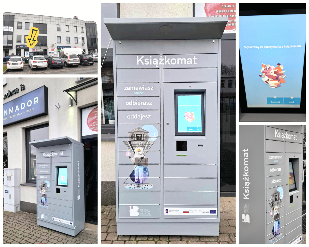 Kolaż zdjęć z książkomatem. Szare urządzenia ustawione przed budynkiem. Na urządzeniu ozdobna grafika oraz duży ekran do jego obsługi. W dwóch rzędach umieszczone są skrytki na książki, wielkości skrzynek pocztowych.