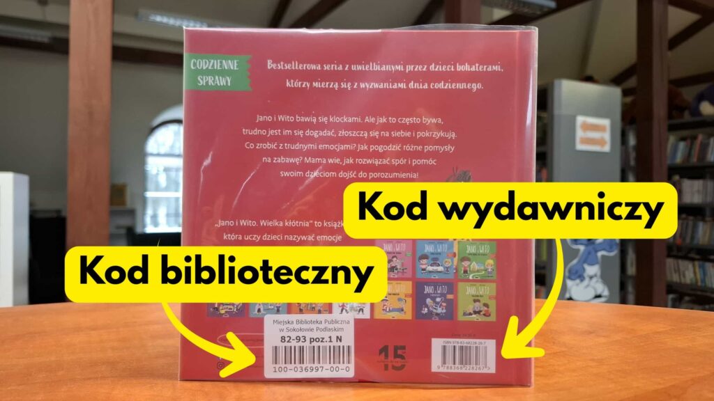 Tył książki z opisem czym jest kod wydawnictwa a czym kod biblioteczny.