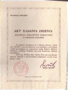 23.10.1979 – Akt Nadania Imienia Miejskiej Bibliotece Publicznej w Sokołowie Podlaskim.