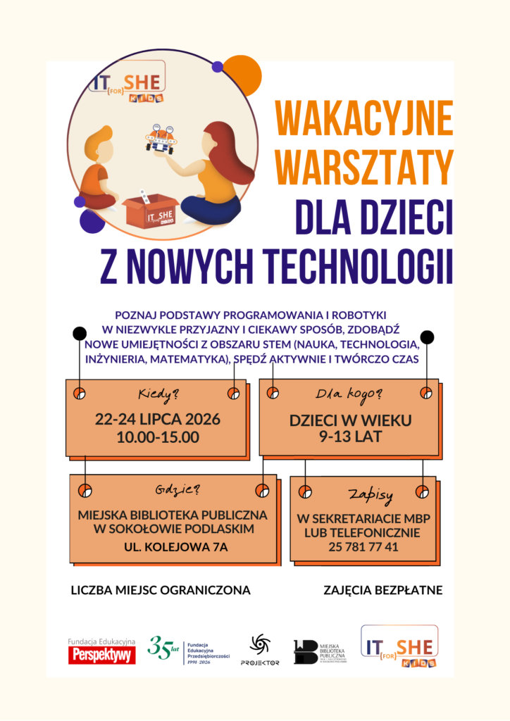 Plakat Wakacyjne warsztaty dla dzieci z nowych technologii. Treść plakatu dostępna w treści artykułu.