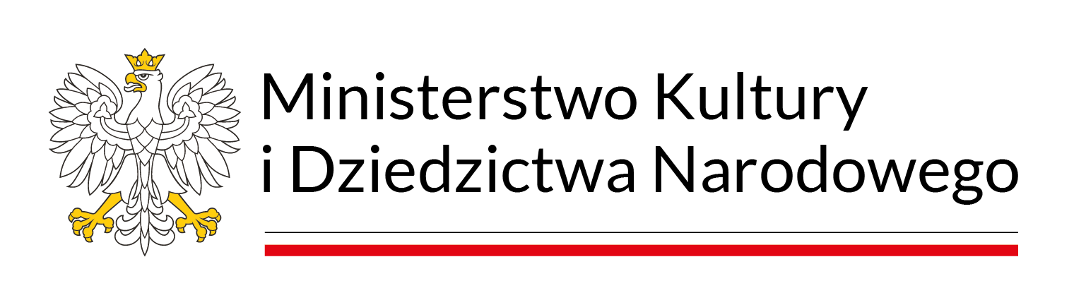 Logo z napisem Ministerstwo Kultury i Dziedzictwa Narodowego. Napis umieszczony jest w dwóch linijkach. Na lewo znajduje się orzeł z godła ze złotymi szponami, dziobem i koroną.