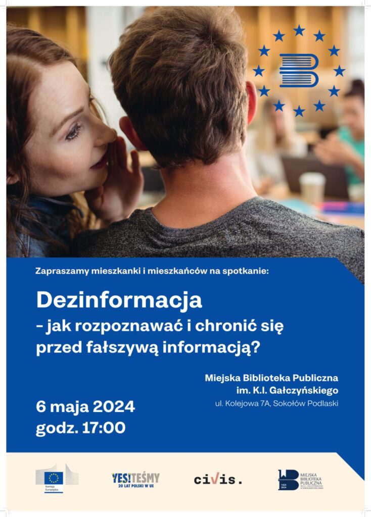 Plakat zapraszające na spotkanie o dezinformacji w dniu 6 maja 2024 o godz. 17:00.