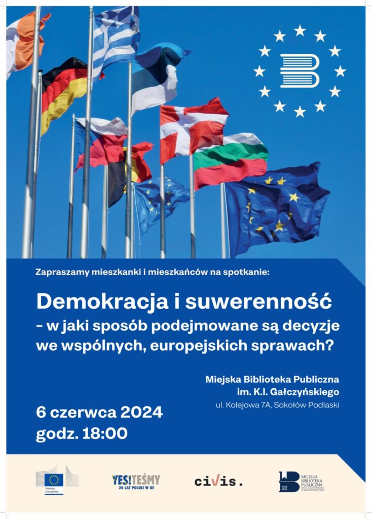 Plakat zapraszające na spotkanie o demokracji i suwerenności w dniu 6 czerwca 2024 o godz. 18:00.