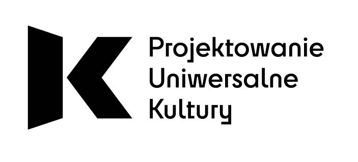 Loko z dużą literą K po lewej stronie oraz napisem po prawej stronie, gdzie każde słowo zapisano w osobnej linijce - Projektowanie Uniwersalne Kultury. Wszystko w kolorze czarnym na białym tle.