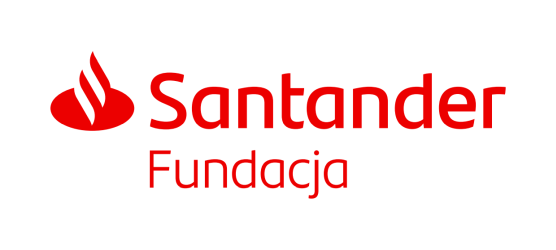 Logo, czerwone napisy na białym tle. Napis w dwóch linijkach Santander Fundacja. Top drugie słowo jest zapisane mniejszą czcionką. Obok napisu Santander, po lewej stronie znajduje się czerwone logo banku Santander.