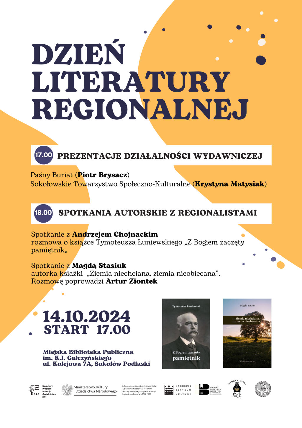 Plakat zapraszający na Dzień Literatury Regionalne. Informacje z plakatu znajdują się w treści artykułu.