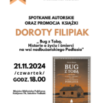 Plakat zapraszający na spotkanie autorskie z Dorotą Filipiak. Informacje na plakacie znajdują się w treści artykułu.