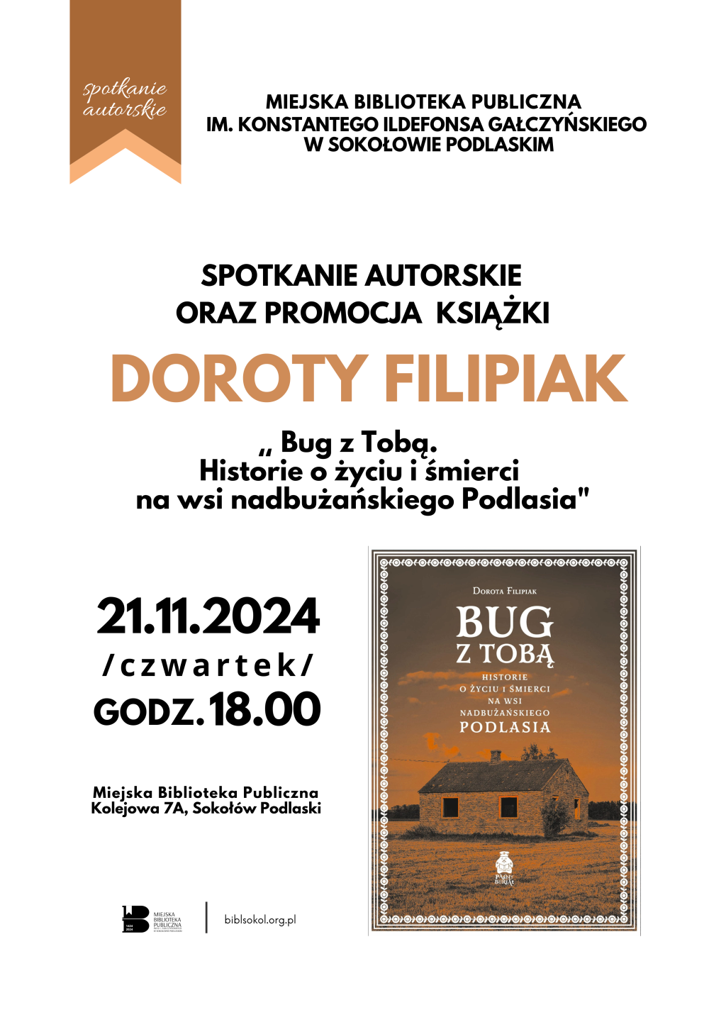 Plakat zapraszający na spotkanie autorskie z Dorotą Filipiak. Informacje na plakacie znajdują się w treści artykułu.