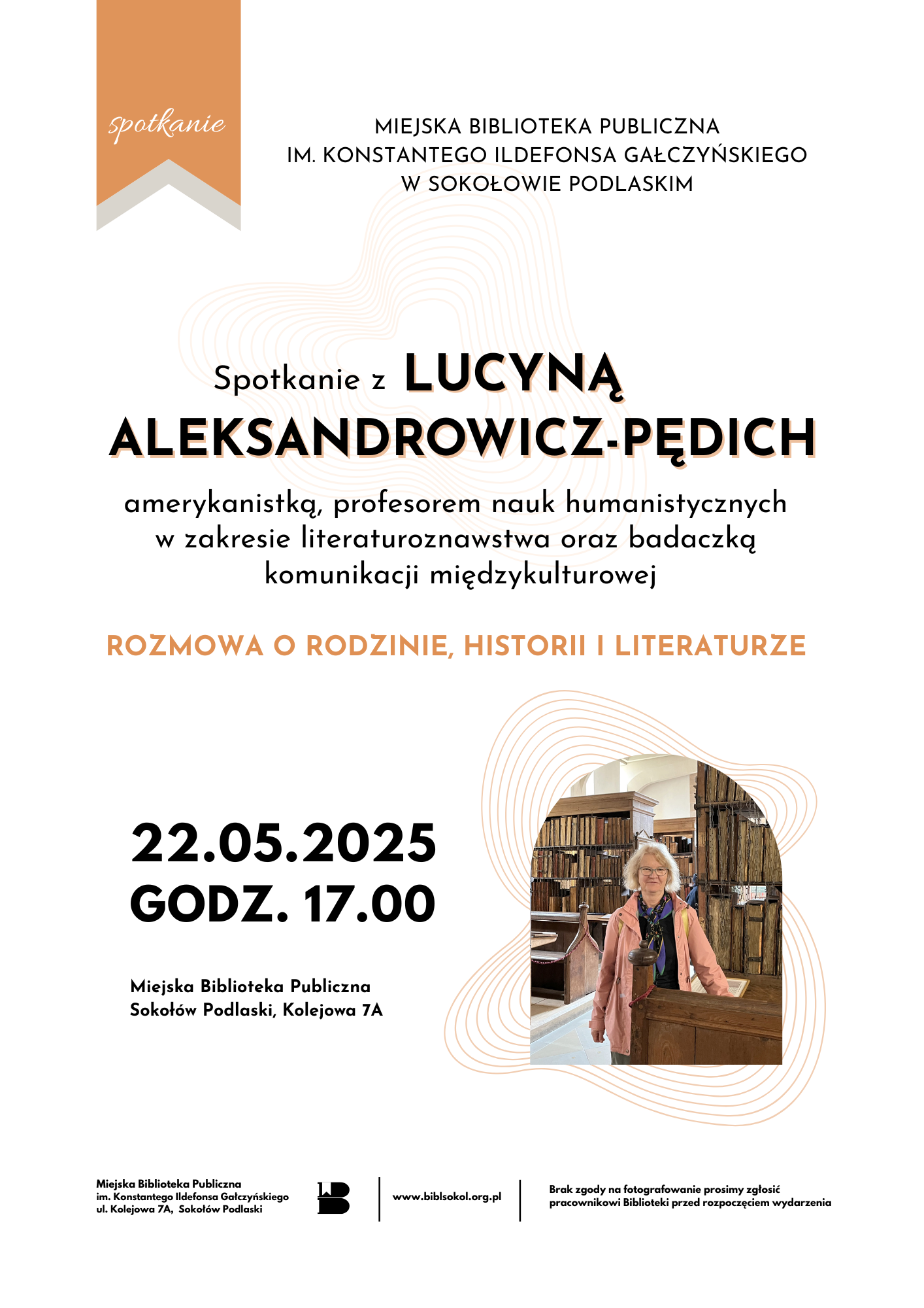 Plakat zapraszający na spotkanie z Lucyną Aleksandrowicz-Pędich. Treść plakaty umieszczona jest w artykule.