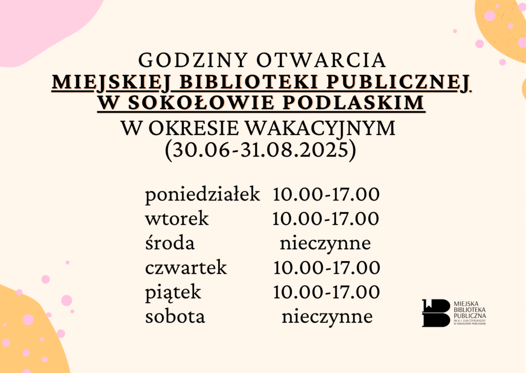 Plakat z informacjami o godzinach otwarcia biblioteki w czasie wakacji od 30 czerwca do 31 sierpnia 2025. Biblioteka czynna w poniedziałki, wtorki, czwartki i piątki od godziny 10:00 do godziny 17:00. W środy i soboty biblioteka nieczynna.
