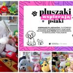 Kolaż czterech zdjęć z pluszakami. Na piątym oknie kolażu znajduje się plakat z inforamcją: Pluszaki wspierają psiaki. Kiermasz pluszaków, z którego dochód przeznaczony zostanie na karmę dla psów ze schroniska w Sokołowie Podlaskim.