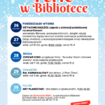 Plakat na drugi tydzień ferii. Na górze duży czerwony napis Ferie w Bibliotece. Treść plakatu dostępna w treści artykułu.