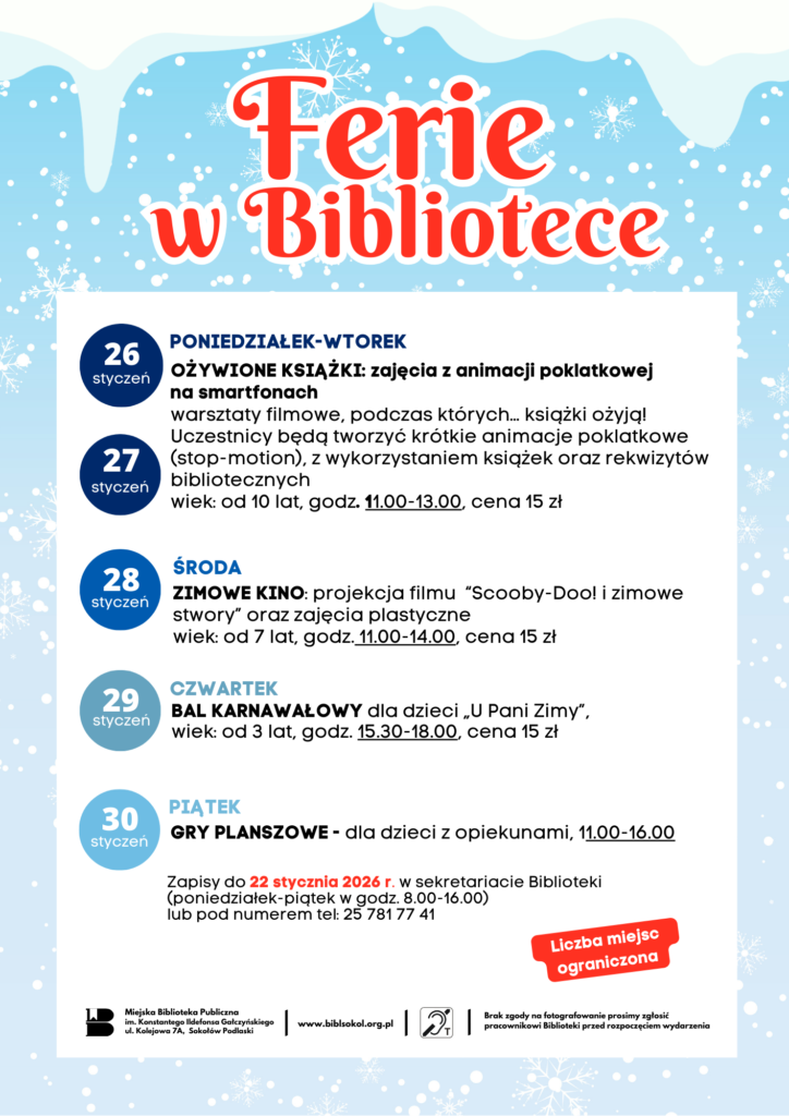 Plakat na drugi tydzień ferii. Na górze duży czerwony napis Ferie w Bibliotece. Treść plakatu dostępna w treści artykułu.