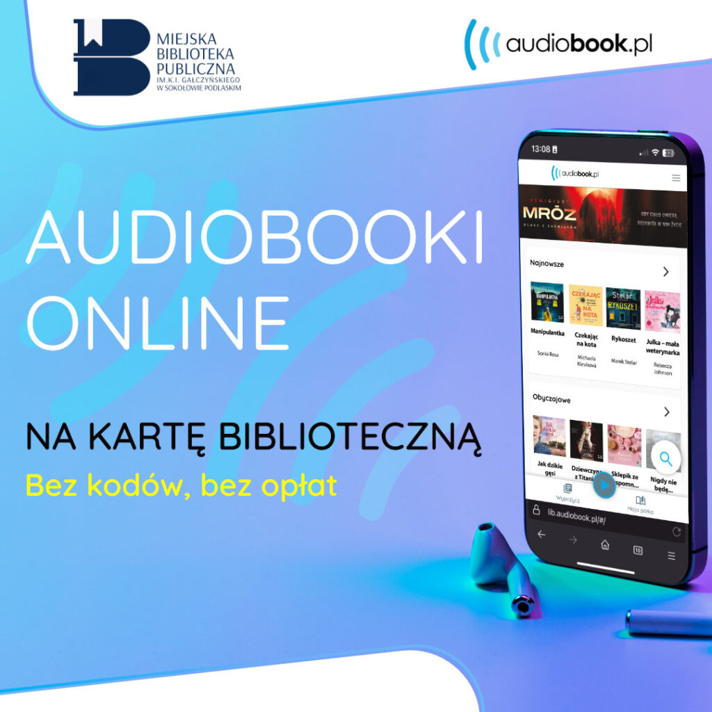 Baner reklamowy audiobooki online. Na kartę biblioteczną, bez kodów, bez opłat.