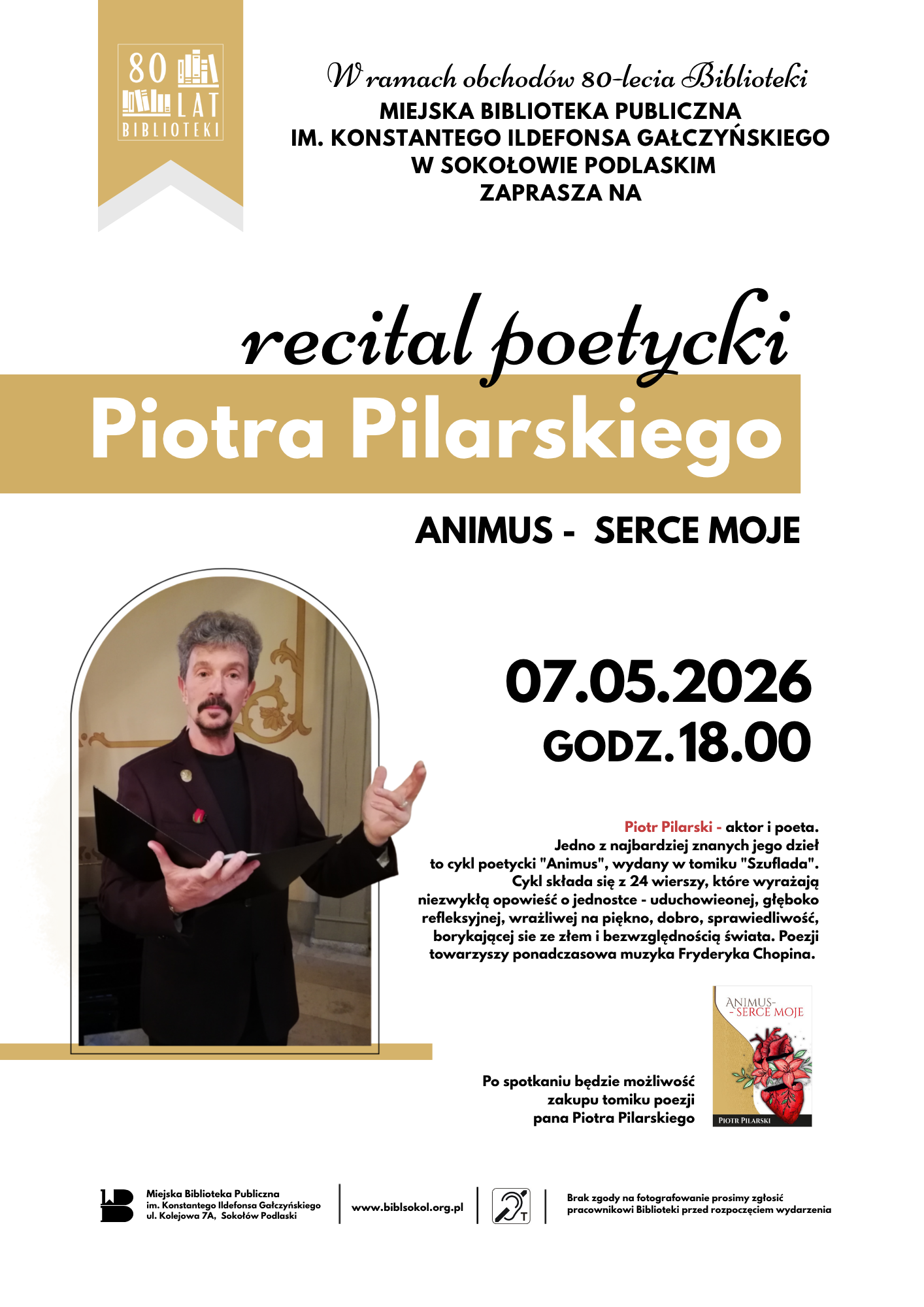 Plakat na recital poetycki Piotra Pilarskiego. Informacje z plakatu zawarte w treści artykułu.