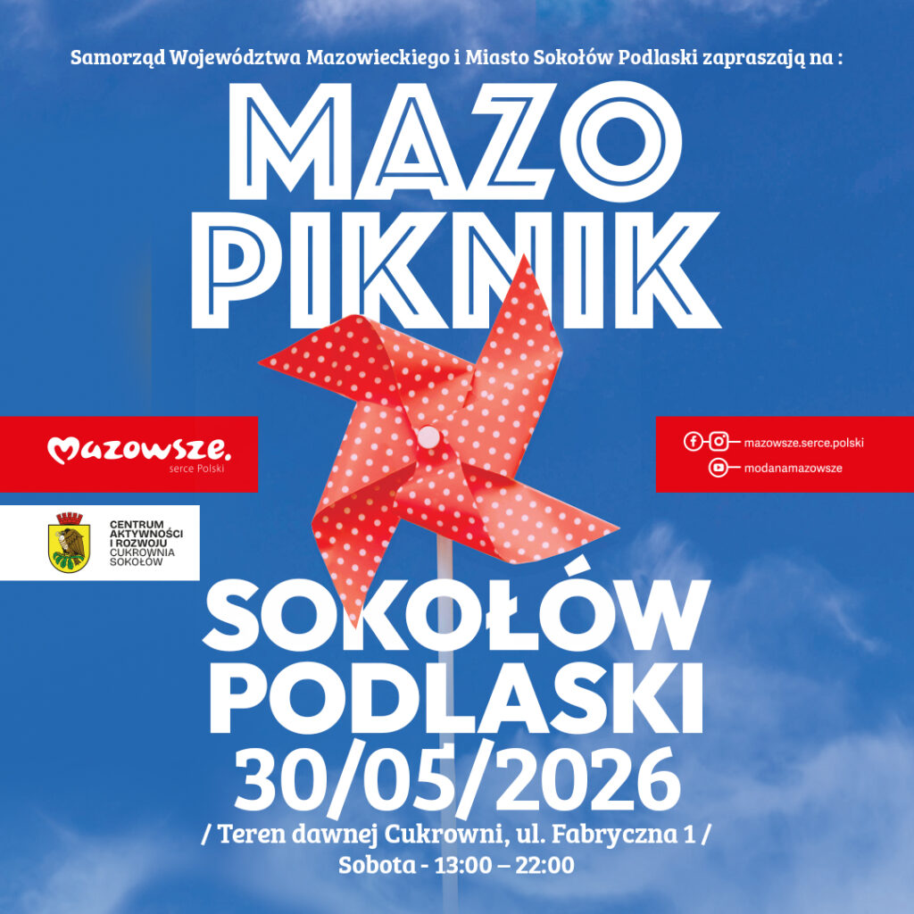 Banre promocyjny - Mazopiknik. Na środku czerwony latawiec na niebieskim tle niema. Nad latwacem wielkimi literami napis MAZOPIKNIK. Pod latawcem Sokołów Podlaski 30.05.2026. Oba napisy w kolorze białym