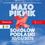 Banre promocyjny - Mazopiknik. Na środku czerwony latawiec na niebieskim tle niema. Nad latwacem wielkimi literami napis MAZOPIKNIK. Pod latawcem Sokołów Podlaski 30.05.2026. Oba napisy w kolorze białym