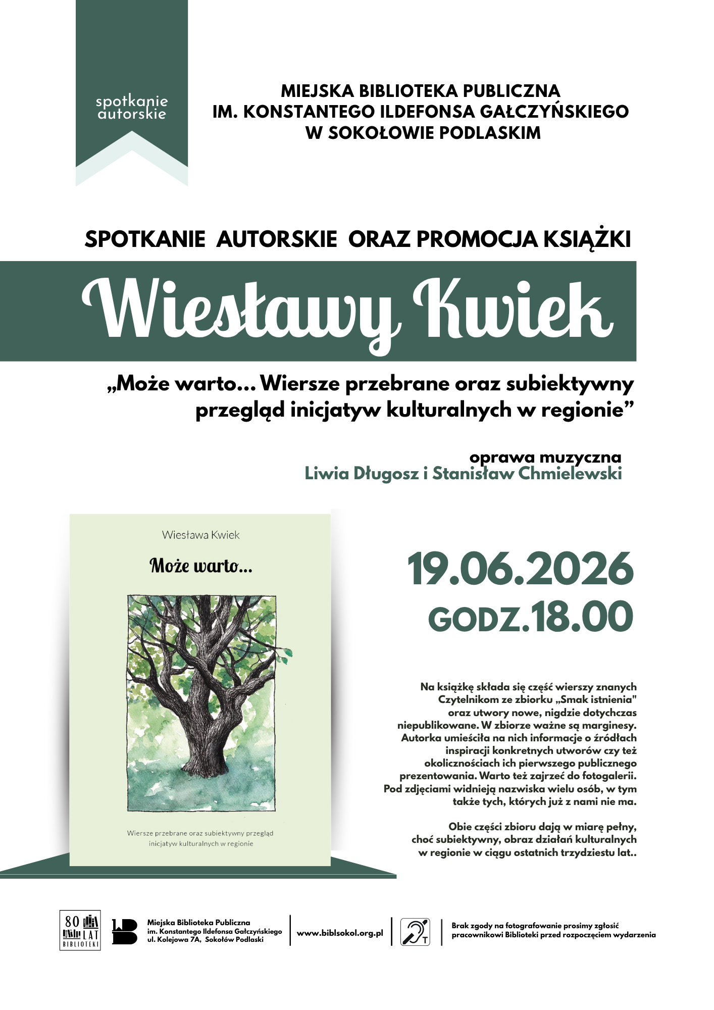 Plakat zapraszający na spotkanie autorskie z Wiesławą Kwiek. Treść plakatu dostępna w treści artykułu.