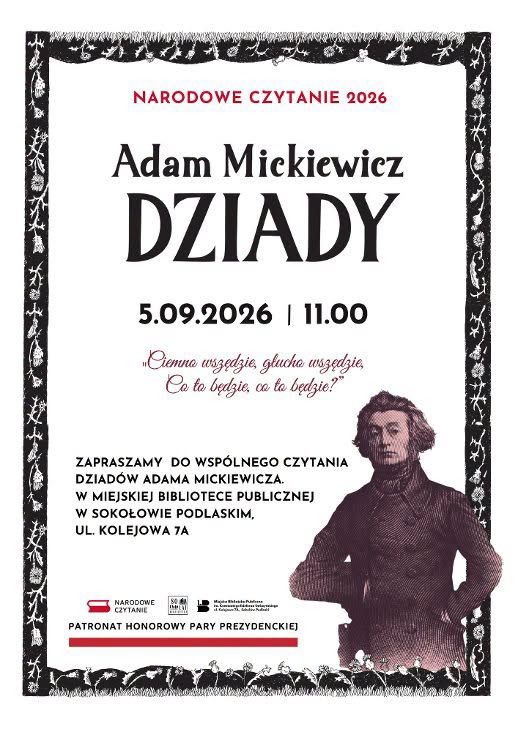 Plakat zapraszający na Narodowe Czytanie. Treść plakatu znajduje się w treści artykułu.