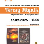 Plakat z zaproszeniem na Spotkanie autorskie i promocję książek Teresy Młynik, 17.09.2026 18:00 w Miejskiej Bibliotece Publicznej