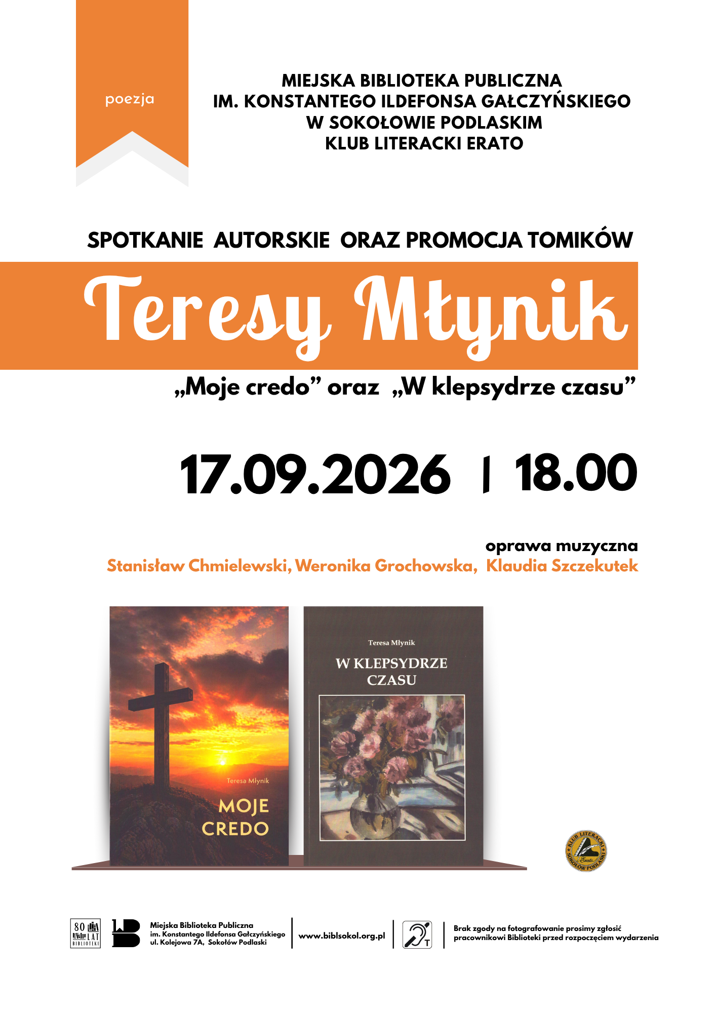 Plakat z zaproszeniem na Spotkanie autorskie i promocję książek Teresy Młynik, 17.09.2026 18:00 w Miejskiej Bibliotece Publicznej